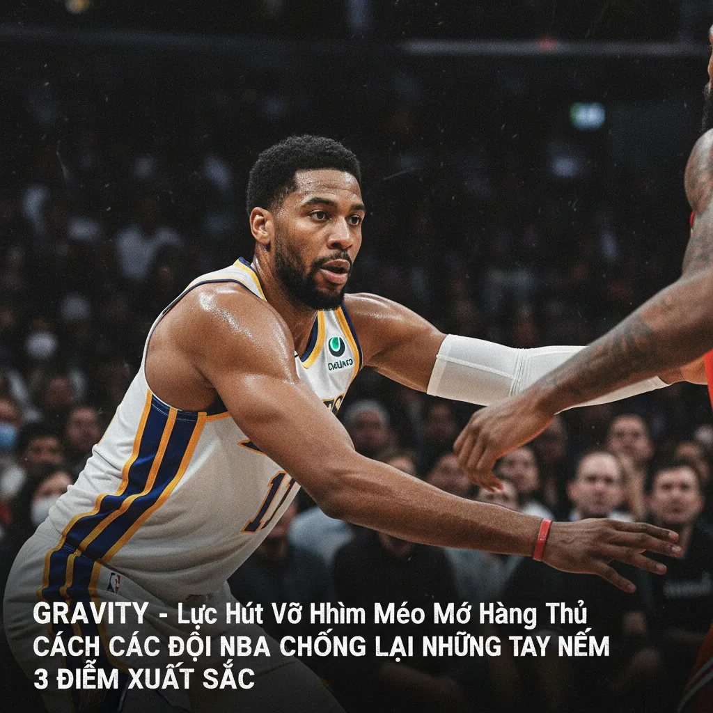 An NBA player being heavily guarded at the three-point line